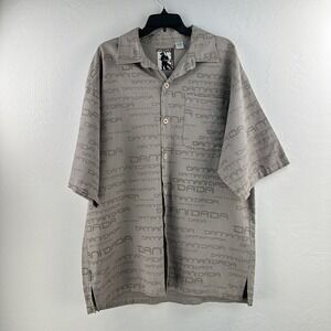 Y2K Damani Dada Button Up Shirt XL Linen Blend AOP LOGO Gray Brown Oversized